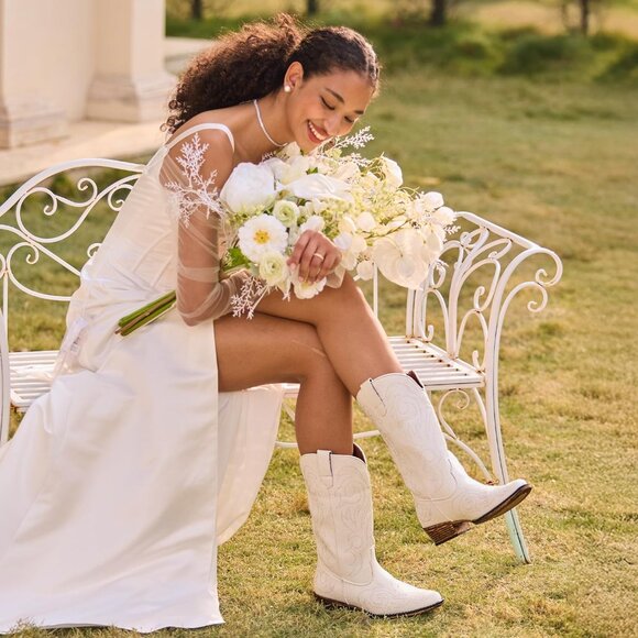 Dream Pairs Women's White Mid Calf Cowgirl Boots Square Toe Chunky Heel Shoes - Picture 7 of 8